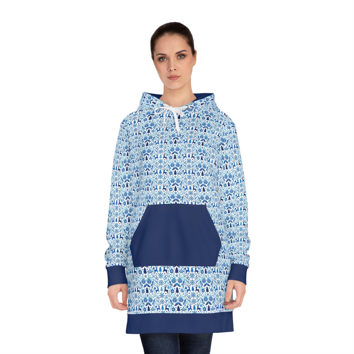 Blue Reindeer Snowflake – Women's Cozy Hoodie Dress