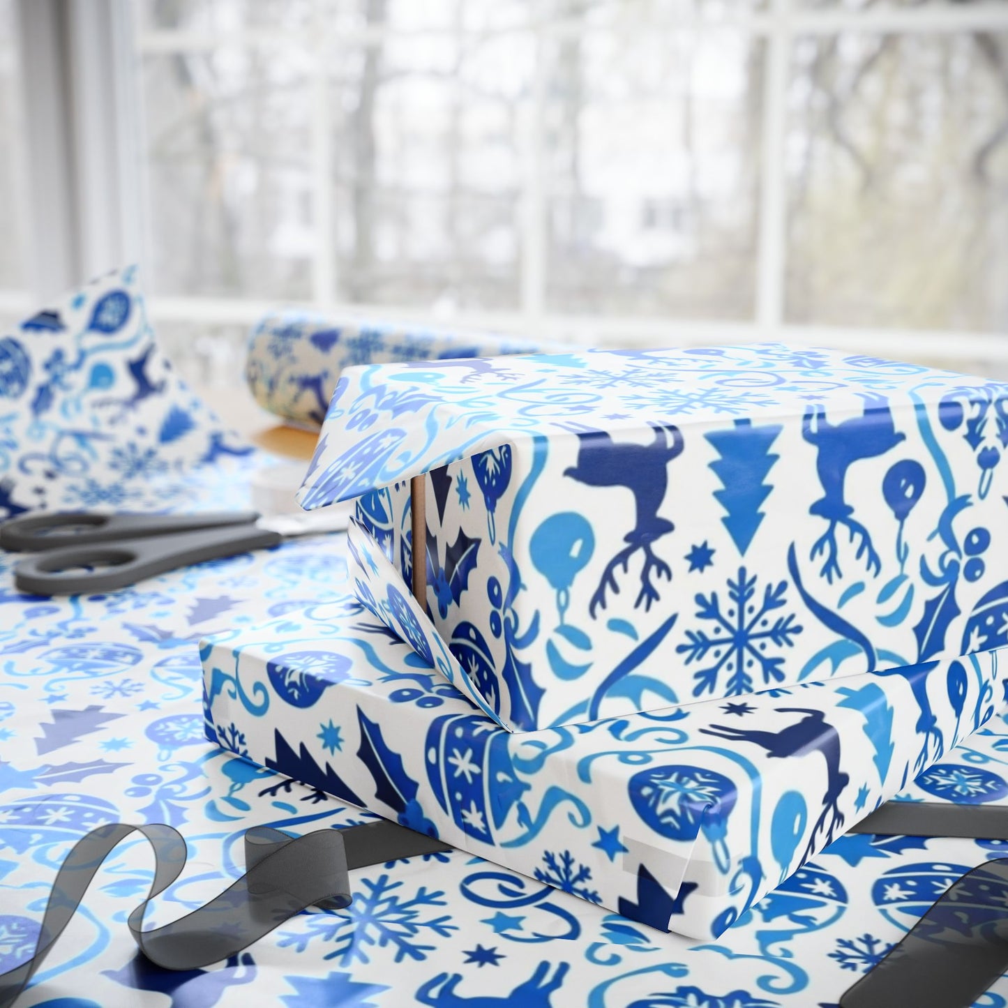 Blue Reindeer Snowflake Gift Wrap — Holiday Wrapping Paper Rolls