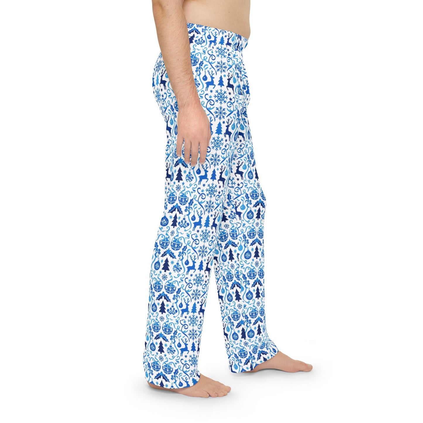 Blue Reindeer Snowflake — Men's Festive Holiday Pajama, Lounge, Sleepwear Pant