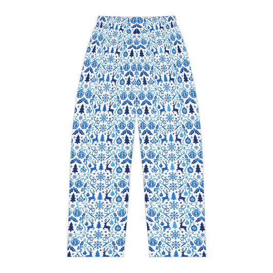 Blue Reindeer Snowflake — Women's Festive Holiday Pajama, Lounge, Sleepwear Pant