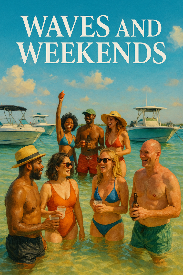 Stingrays leap from bright blue waves with the Tampa skyline in the distance. The mood is light, adventurous, and coastal, celebrating boating, beach days, and laid-back weekends on the water.