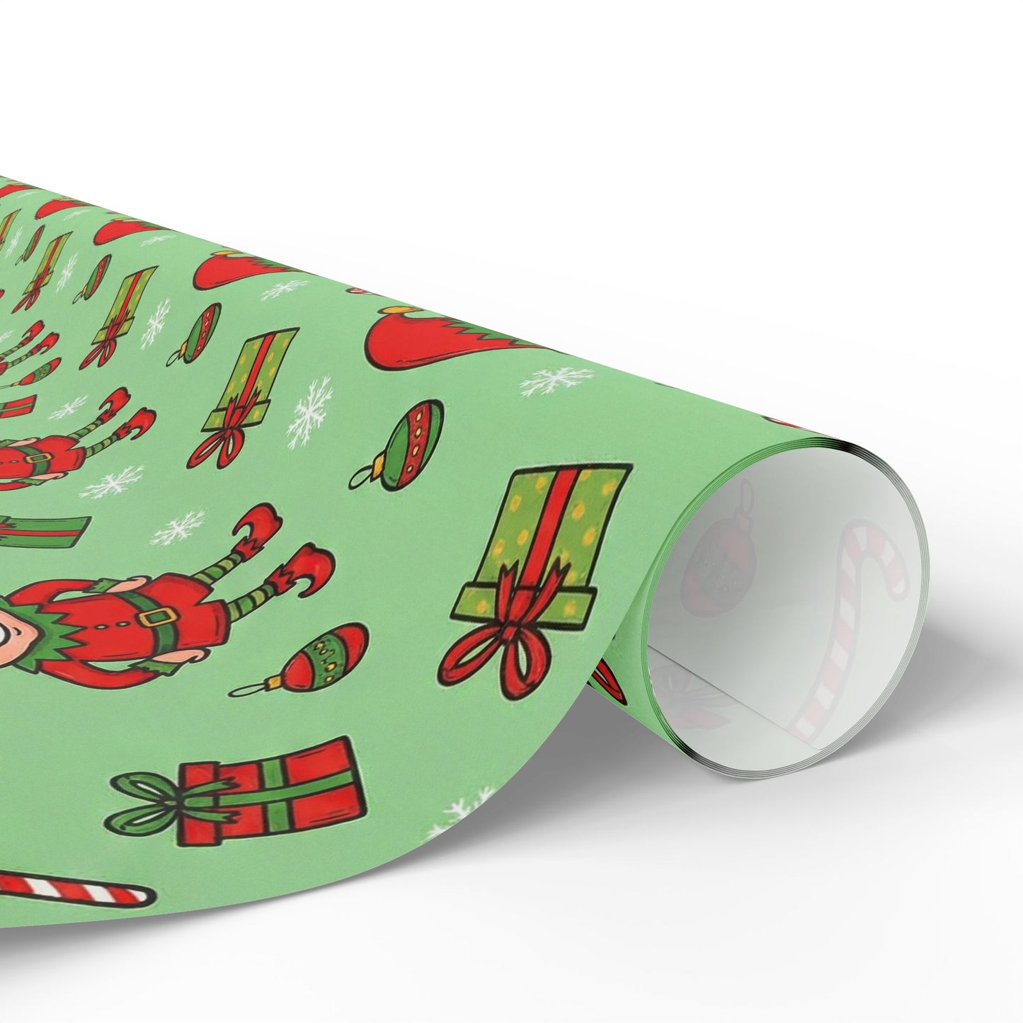 Personalize! Green Pattern with Elves, Presents & Candy Canes — Holiday Wrapping Paper Rolls