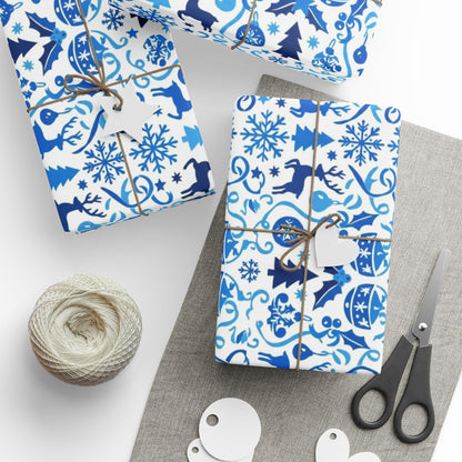 Blue Reindeer Snowflake Gift Wrap — Holiday Wrapping Paper Rolls