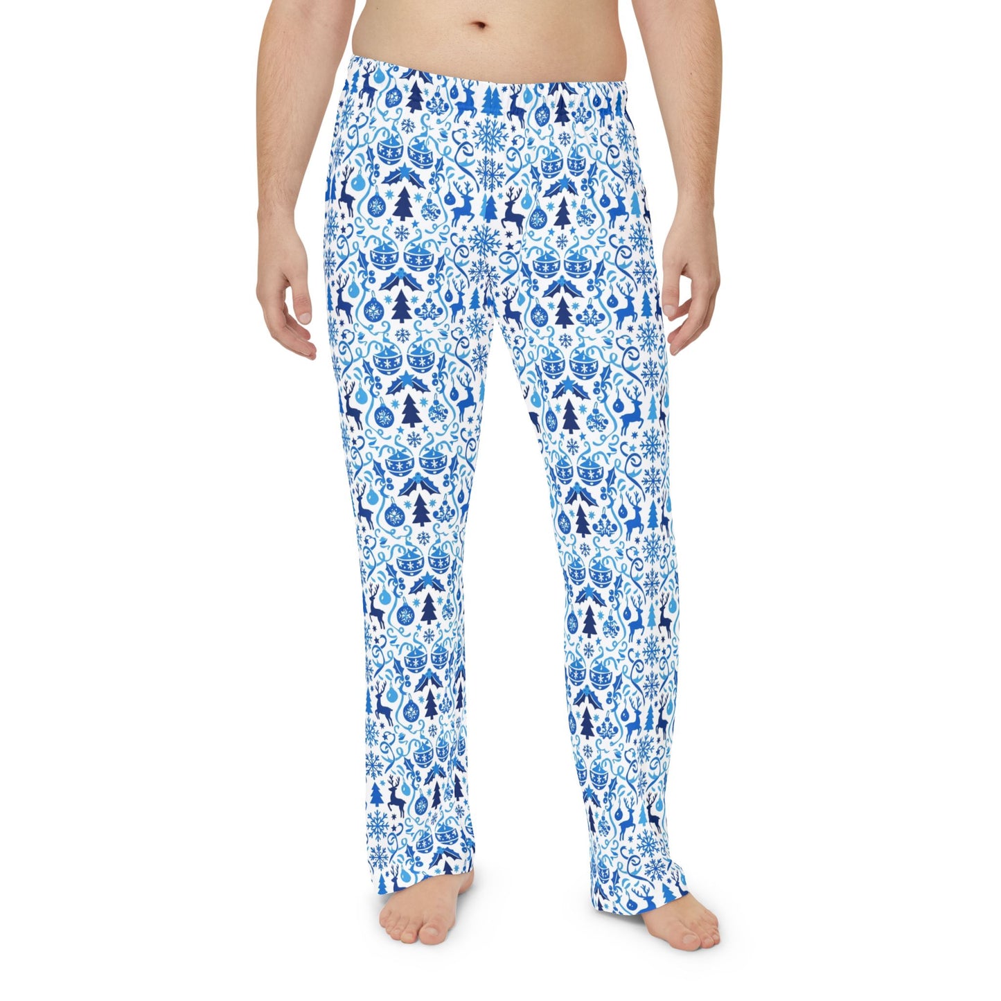 Blue Reindeer Snowflake — Men's Festive Holiday Pajama, Lounge, Sleepwear Pant