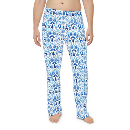 Blue Reindeer Snowflake — Men's Festive Holiday Pajama, Lounge, Sleepwear Pant
