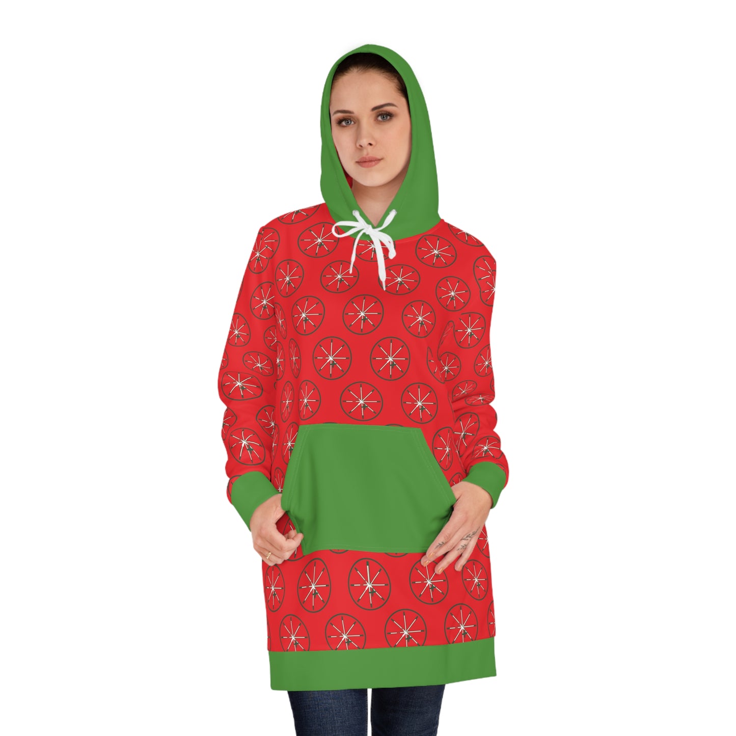 Red JTX Circle Snowflake Pattern – Women's Cozy Hoodie Dress