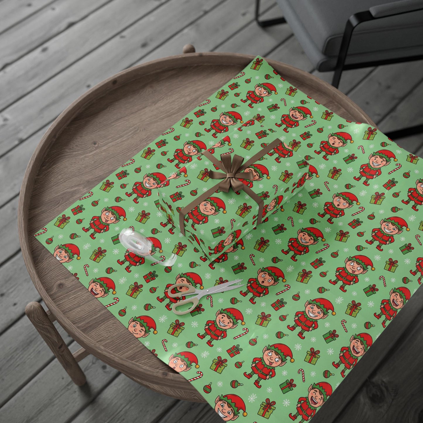 Personalize! Green Pattern with Elves, Presents & Candy Canes — Holiday Wrapping Paper Rolls