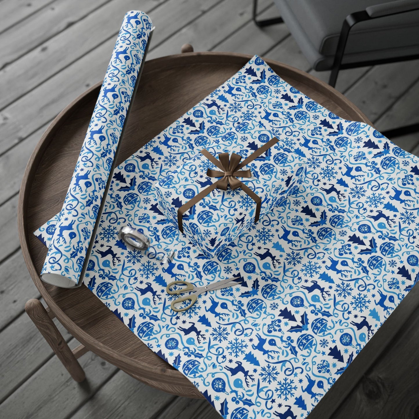 Blue Reindeer Snowflake Gift Wrap — Holiday Wrapping Paper Rolls
