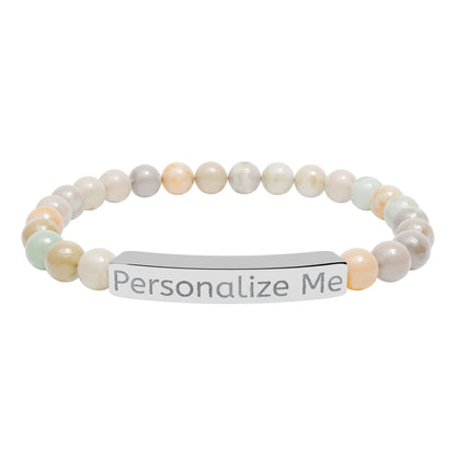 Personalized Natural Stone Bar Bracelet — Engraved Stretch Beaded Bracelet