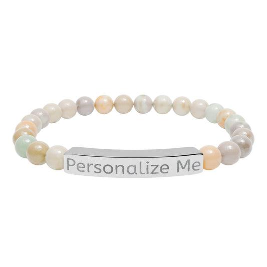 Personalized Natural Stone Bar Bracelet — Engraved Stretch Beaded Bracelet