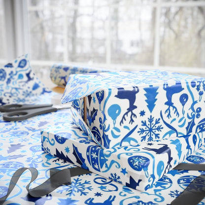 Blue Reindeer Snowflake Gift Wrap — Holiday Wrapping Paper Rolls
