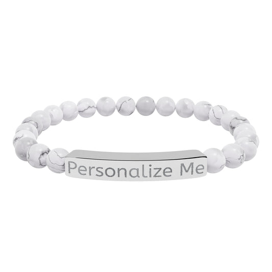 Personalized Natural Stone Bar Bracelet — Engraved Stretch Beaded Bracelet