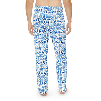 Blue Reindeer Snowflake — Men's Festive Holiday Pajama, Lounge, Sleepwear Pant