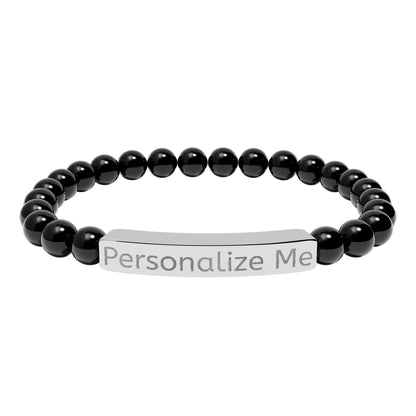 Personalized Natural Stone Bar Bracelet — Engraved Stretch Beaded Bracelet
