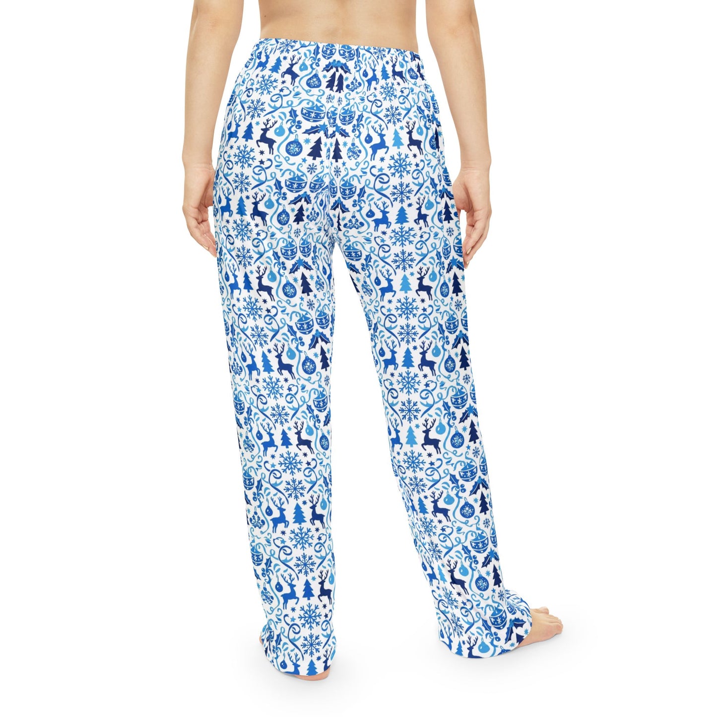 Blue Reindeer Snowflake — Women's Festive Holiday Pajama, Lounge, Sleepwear Pant