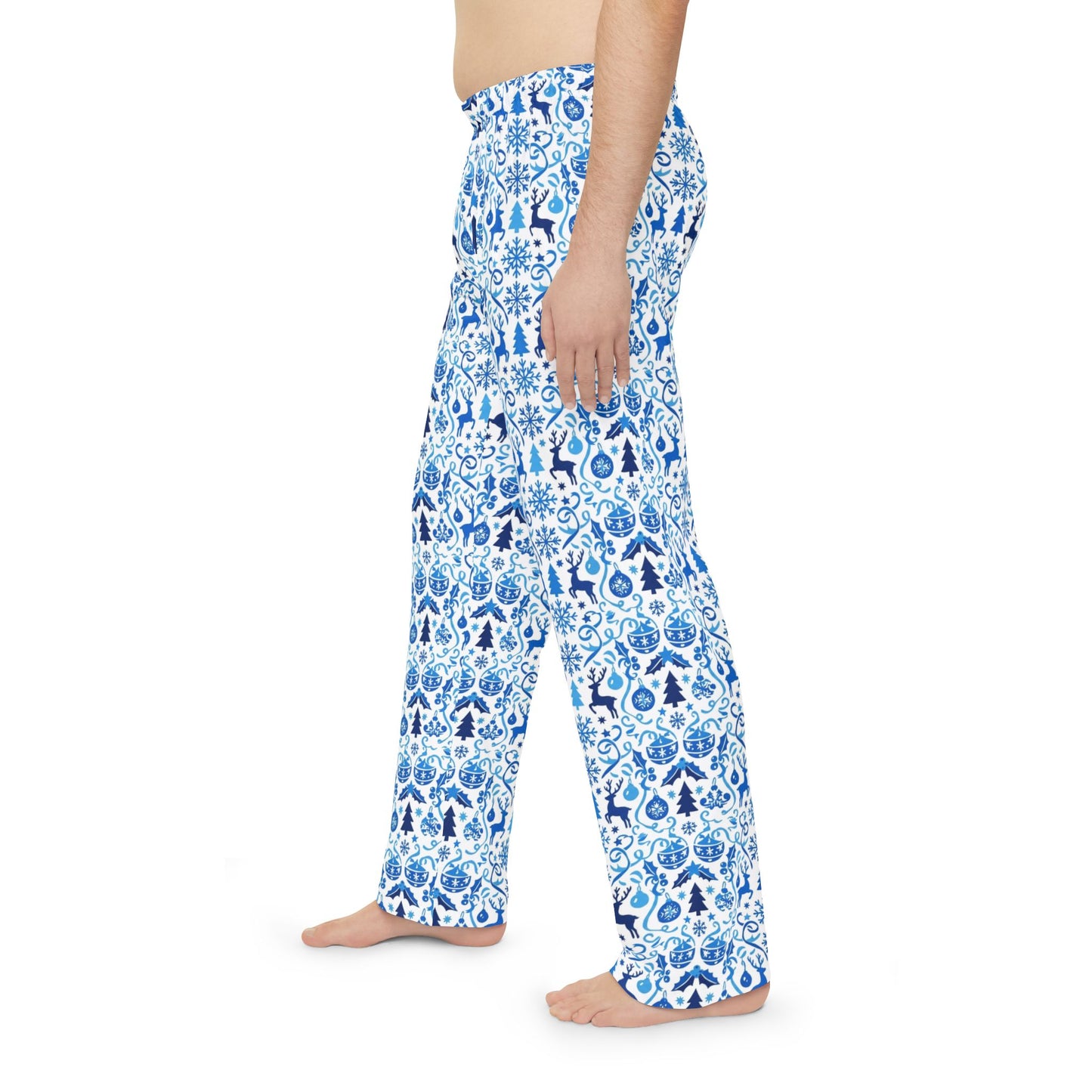 Blue Reindeer Snowflake — Men's Festive Holiday Pajama, Lounge, Sleepwear Pant