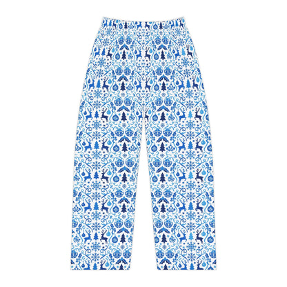 Blue Reindeer Snowflake — Women's Festive Holiday Pajama, Lounge, Sleepwear Pant
