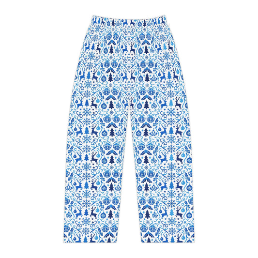 Blue Reindeer Snowflake — Women's Festive Holiday Pajama, Lounge, Sleepwear Pant
