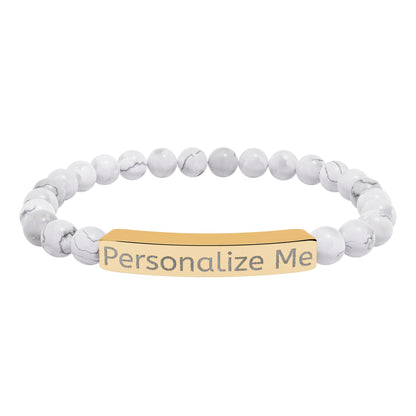 Personalized Natural Stone Bar Bracelet — Engraved Stretch Beaded Bracelet