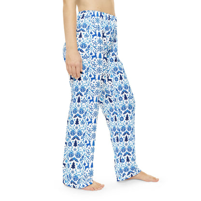 Blue Reindeer Snowflake — Women's Festive Holiday Pajama, Lounge, Sleepwear Pant