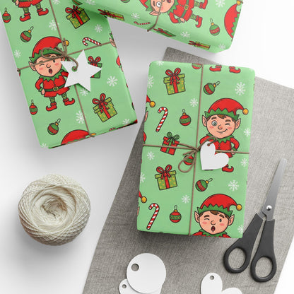 Personalize! Green Pattern with Elves, Presents & Candy Canes — Holiday Wrapping Paper Rolls