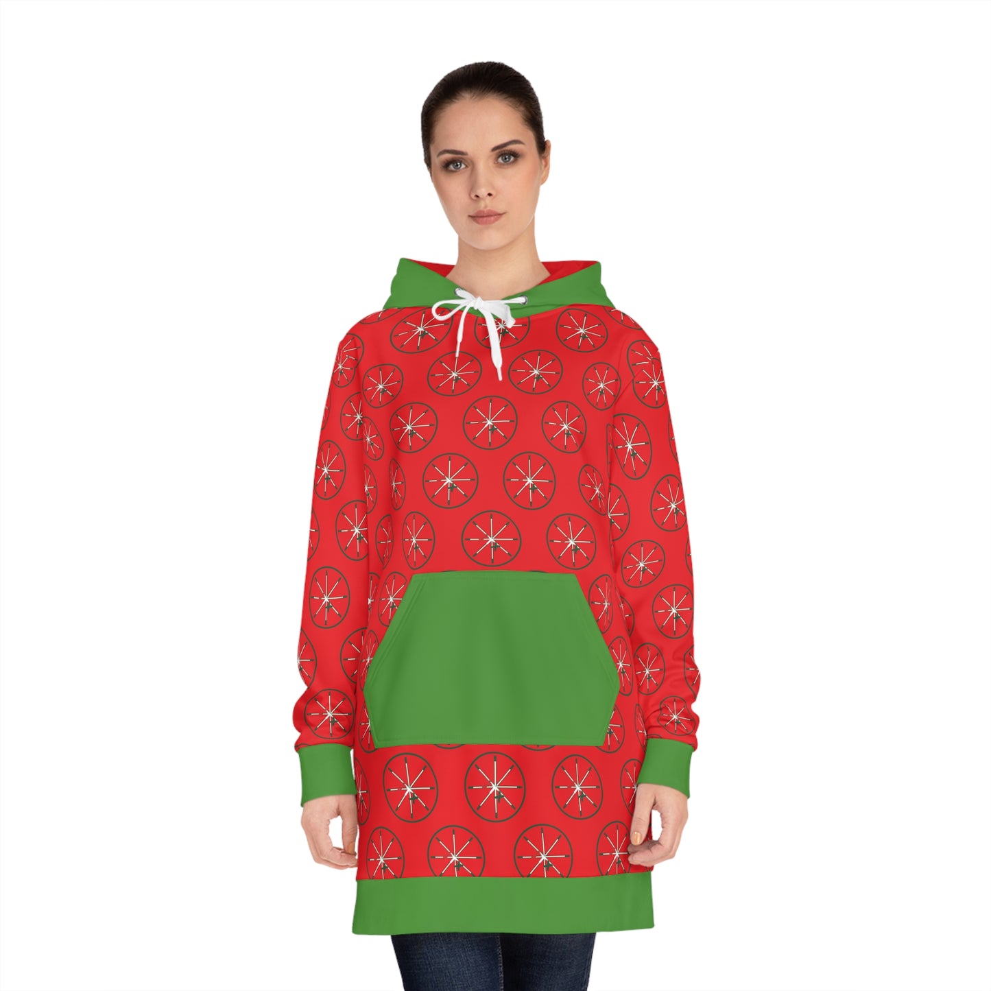 Red JTX Circle Snowflake Pattern – Women's Cozy Hoodie Dress