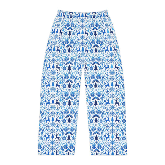 Blue Reindeer Snowflake — Men's Festive Holiday Pajama, Lounge, Sleepwear Pant