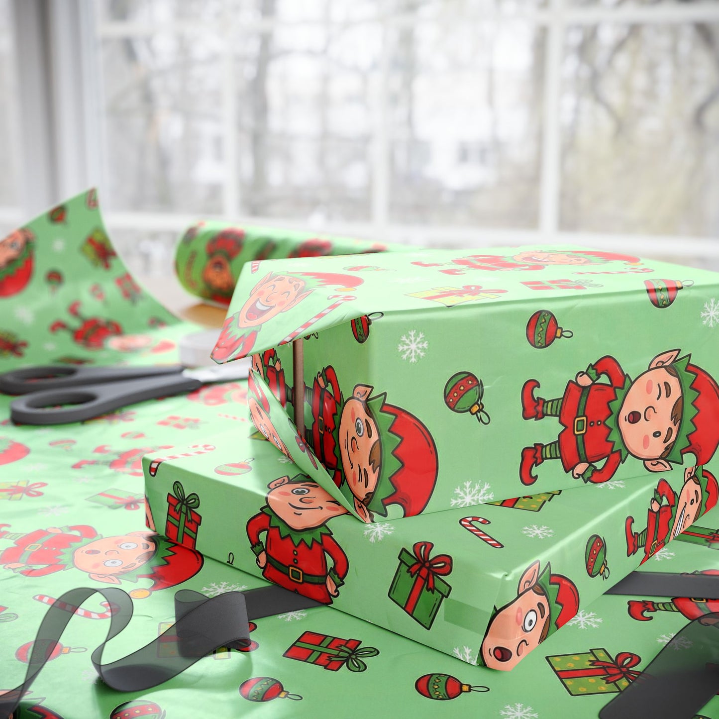 Personalize! Green Pattern with Elves, Presents & Candy Canes — Holiday Wrapping Paper Rolls