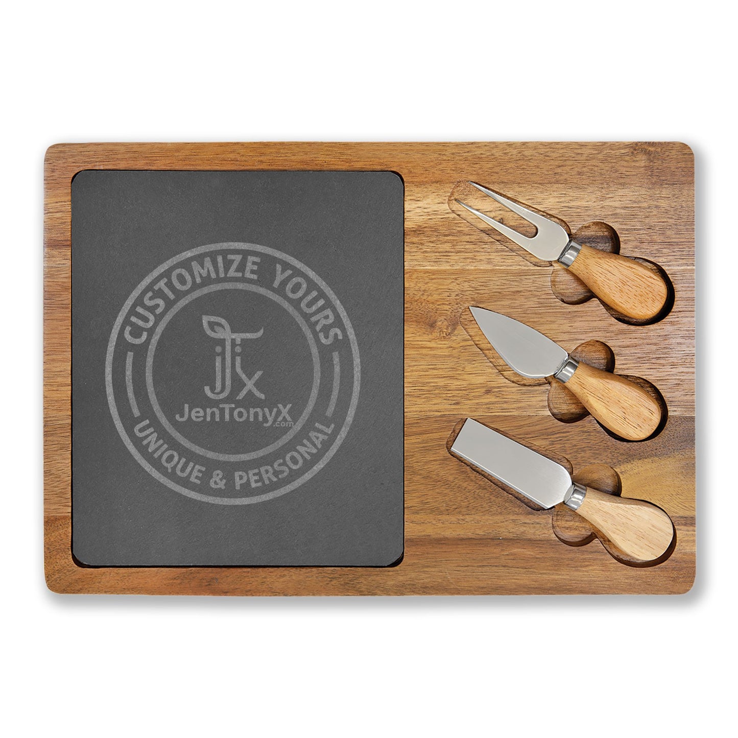 Personalized Engraved Charcuterie Board with Slate Insert & Cheese Knives