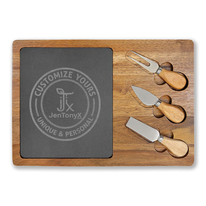 Personalized Engraved Charcuterie Board with Slate Insert & Cheese Knives