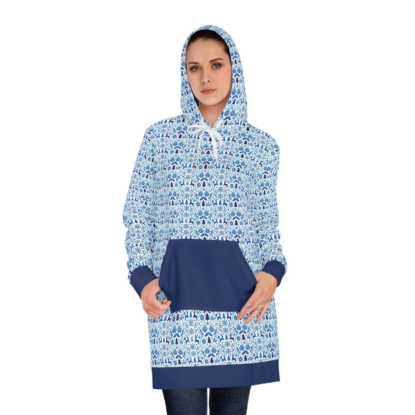 Blue Reindeer Snowflake – Women's Cozy Hoodie Dress