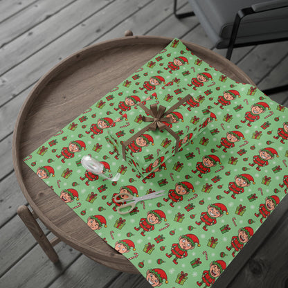 Personalize! Green Pattern with Elves, Presents & Candy Canes — Holiday Wrapping Paper Rolls