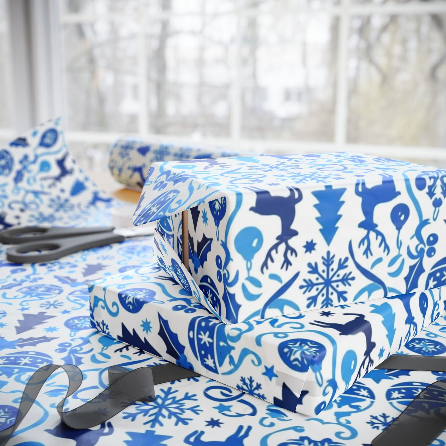 Blue Reindeer Snowflake Gift Wrap — Holiday Wrapping Paper Rolls