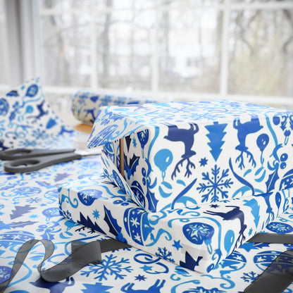 Blue Reindeer Snowflake Gift Wrap — Holiday Wrapping Paper Rolls