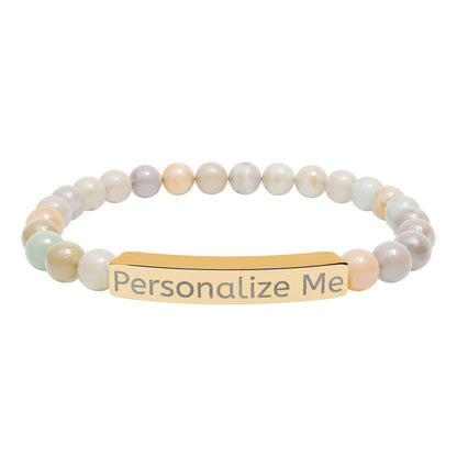 Personalized Natural Stone Bar Bracelet — Engraved Stretch Beaded Bracelet