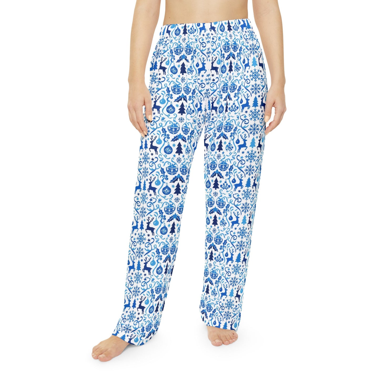Blue Reindeer Snowflake — Women's Festive Holiday Pajama, Lounge, Sleepwear Pant