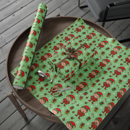 Personalize! Green Pattern with Elves, Presents & Candy Canes — Holiday Wrapping Paper Rolls