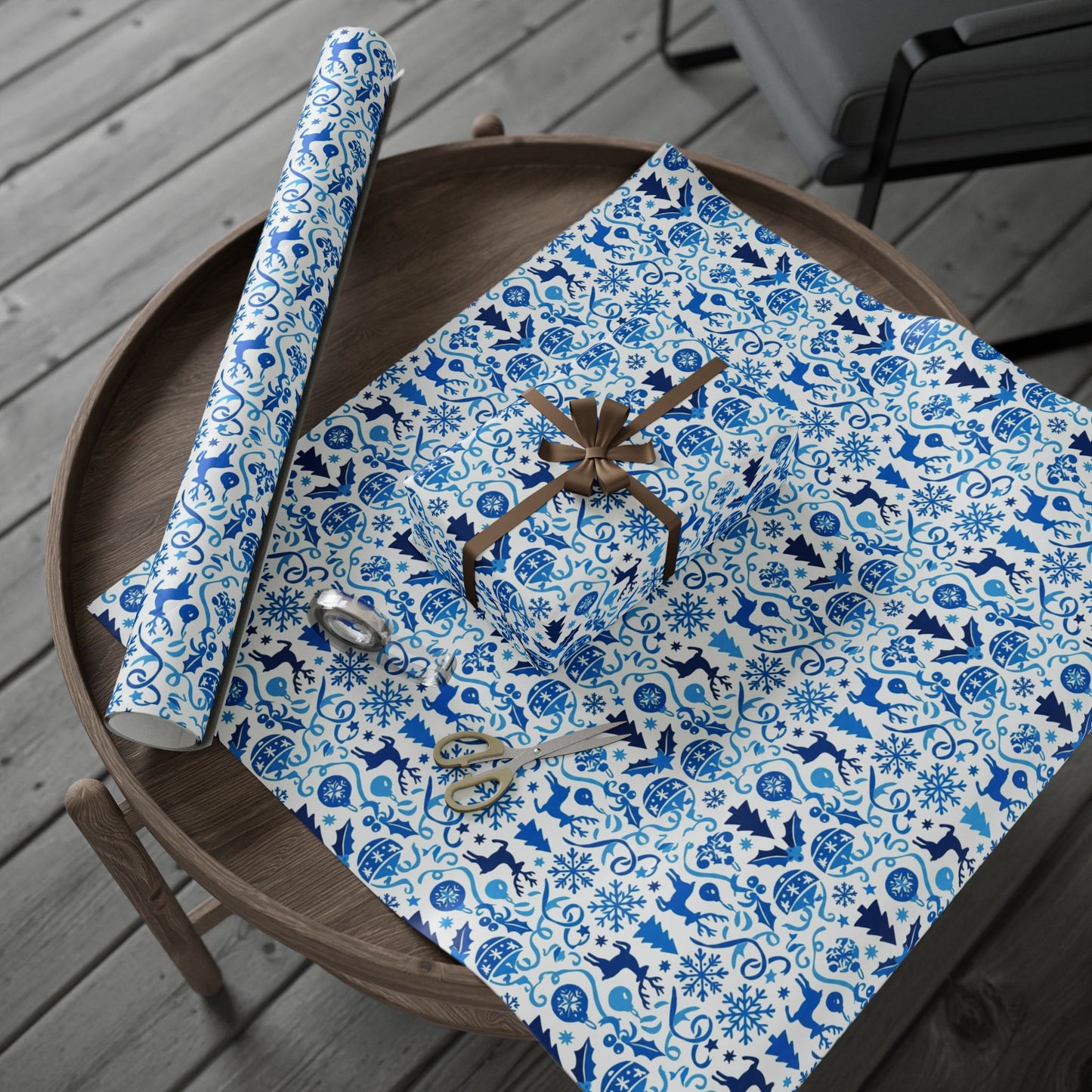 Blue Reindeer Snowflake Gift Wrap — Holiday Wrapping Paper Rolls