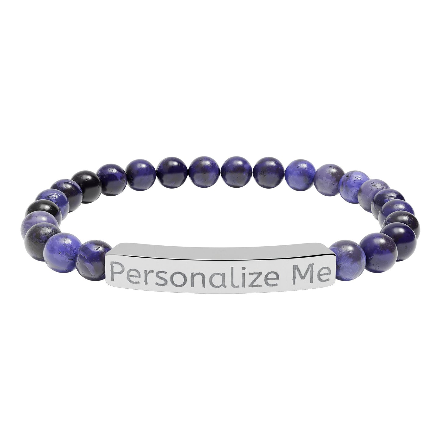 Personalized Natural Stone Bar Bracelet — Engraved Stretch Beaded Bracelet