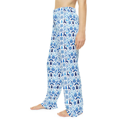 Blue Reindeer Snowflake — Women's Festive Holiday Pajama, Lounge, Sleepwear Pant
