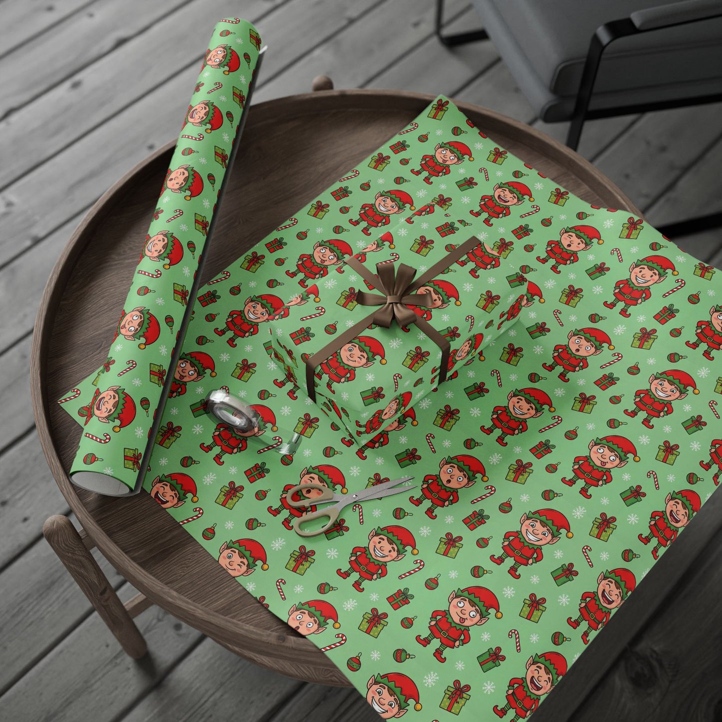 Personalize! Green Pattern with Elves, Presents & Candy Canes — Holiday Wrapping Paper Rolls