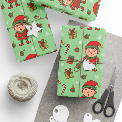 Personalize! Green Pattern with Elves, Presents & Candy Canes — Holiday Wrapping Paper Rolls